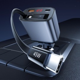 105W USB C Auto Ladegerät, 45W PD Schnellladekabel Einziehbares Auto Ladegerät, 30W QC3.0 Zigarettenanzünder USB C Adapter, mit LED Voltmeter DC12-24V, mit Android, Tablet und Allen Smartphones