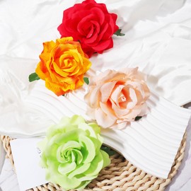 4Pcs Flower Hair Clips Hawaii Hair Clips for Women Roses Hair Accessories for Women, Summer Hair Clip Beach Hair Pins Artificial Flower Small Hair Clips for Styling (Green+Orange+Red+Light Yellow)