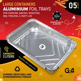 G4GADGET 5 Pack Aluminium Foil Trays (32x22x3 cm) - Durable Tin Foil Containers for Baking, Roasting, BBQ, and Freezing