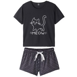VENTELAN Pajamas for Women 2 Piece Cute Cat Sleepwear Pajama Sleep Set, Black, XX-Large(USA Size:14W-16W)