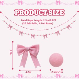 JarThenaAMCS 8.2Ft Bow Felt Banner 3D Pink Coquette Bowknot Bunting Garland Pink White Pom Ball Banner for Birthday Wedding Bridal Shower Bachelorette Party Supplies