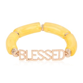 RIAH FASHION Religious Cross Bead Stacking Beaded Stretch Statement Bracelets - Inspirational Message Sparkly Crystal,Bible Christian Prayer Bangle Set (Acrylic Tube Bracelet - Blessed Yellow)