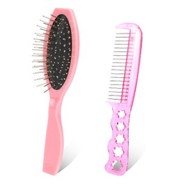 Wig Brushes for Synthetic Hair, 2 Pieces Stainless Steel Teeth Wig Brush Portable Synthetic Doll Wig Hair Brush Metal Wire Wet Hair Comb Hair Extension Brush Wig Brush for Women Girls Human Hair, Pink