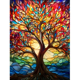 Benjenes Tree Diamond Painting Art Kits for Adults Stained Glass Tree Diamond Art Kits for Adults 5D Full Drill Diamond Art Canvas Painting Kit DIY Crafts Kits Gift Home Wall Decor Gifts(12x16inch)