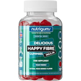 Happy Fibre Inulin Chicory Root Prebiotic Gummies (60 Count) – 3.8g Fibre Per Serving, Vegan, Mixed Berry Flavour, Gut Health Support, No Sugar Added
