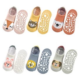 HYCLES Baby Non Slip Ankle Socks with Grip 6 Pairs for Boys Girls Toddler Anti Skid Cute Cartoon Animal Socks 0-1 Years