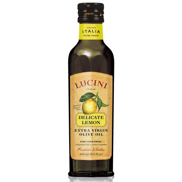 Lucini Italia Delicate Lemon Extra Virgin Olive Oil – EVOO Infused with Fresh Lemon – Olive Oil for Marinade, Grilling, Roasting, Baking - Non-GMO Verified, Whole30 Approved, Kosher, 250mL