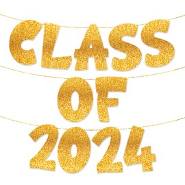 TOYVENTURES Class of 2024 Banner - 5ft Glittery Gold Graduation Decorations - Student University Graduation Party Banner - Pre-Strung No DIY Required