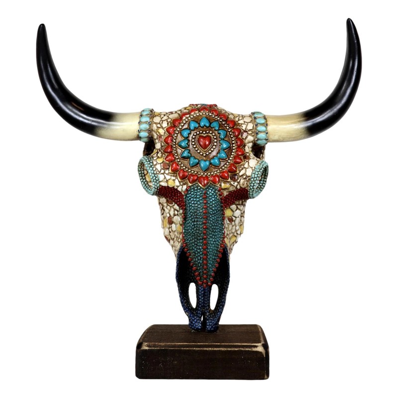 Large Rustic Western Bull Cow Skull With Turquoise Red Rocks