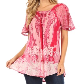 Sakkas 17776 - Celia Marble Batik Short Sleeve Blouse/Top with Embroidery and Crochet - Pink - OSP