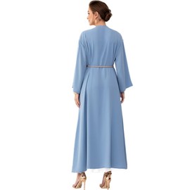 IDOPIP Muslim Abayas for Women Long Sleeve Open Front Cardigan with Belt Rhinestone Applique Maxi Kaftan Dress Islamic Dubai Robe Middle East Loose Full Cover Cardigan Prayer Dress Clothes Blue XXL