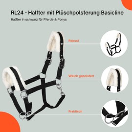 RL24 - Headcollar with Plush Padding Basicline | Halter for Horses & Ponies | Horse Halter with Rivet Reinforced Clasps & Snap Hook for Opening | Horse Accessories in Black | Pony