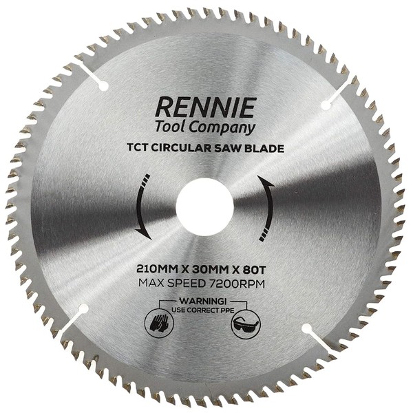 Rennie Tools - 210mm x 30mm x 80T TCT Circular Wood Saw Blade Includes 25mm 20mm & 16mm Bore Reduction Rings. Compatible with Festool Bosch Makita Dewalt Circular Saw Etc, Fits 216mm Circular saws.
