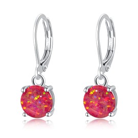 CiNily Round-Cut Opal Dangle Earrings for Women Hypoallergenic Rose Red Fire Opal Rhodium Plated Leverback Gemstone Drop Earrings Jewelry