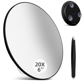 saiggnyy Large 6” 20x Magnifying Mirror with Tweezers, Travel Magnified Mirror 20x with Suction Cups, High Magnification Travel Magnifying Mirror 20x, Round Magnified Make up Mirror