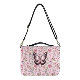 Coldinair Pink Butterfly Leather Bible Covers for Study Bibles Floral Carrying Book Case Church Bag Bible Protective with Strap and Handle for Standard and Large Size Bible