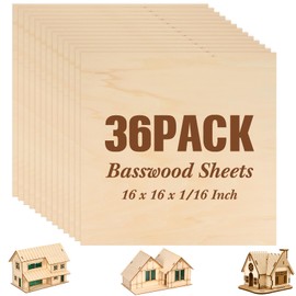 Riakrum 36 Pack Basswood Sheets Plywood Board Unfinished Wood Boards for Crafts for DIY Laser Projects Architectural Model Making Mini House Building Hobby Wood Burning (16 x 16 x 1/16 Inch)