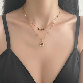 Allereya Boho Geschichtet Sonne Anhänger Halskette Edelstein Sonne Halskette Braun Perle Choker Halskette Faux Opal Sunburst Halskette Sonnenschein Kette Halskette Schmuck Für Frauen