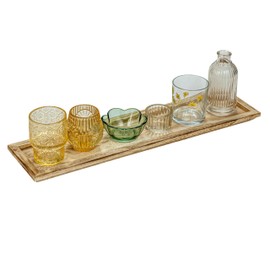 Creative Co-Op 6 Embossed Glass Tealight/Votive Candle Holders with Vase and Wood Tray, Multicolor and Natural