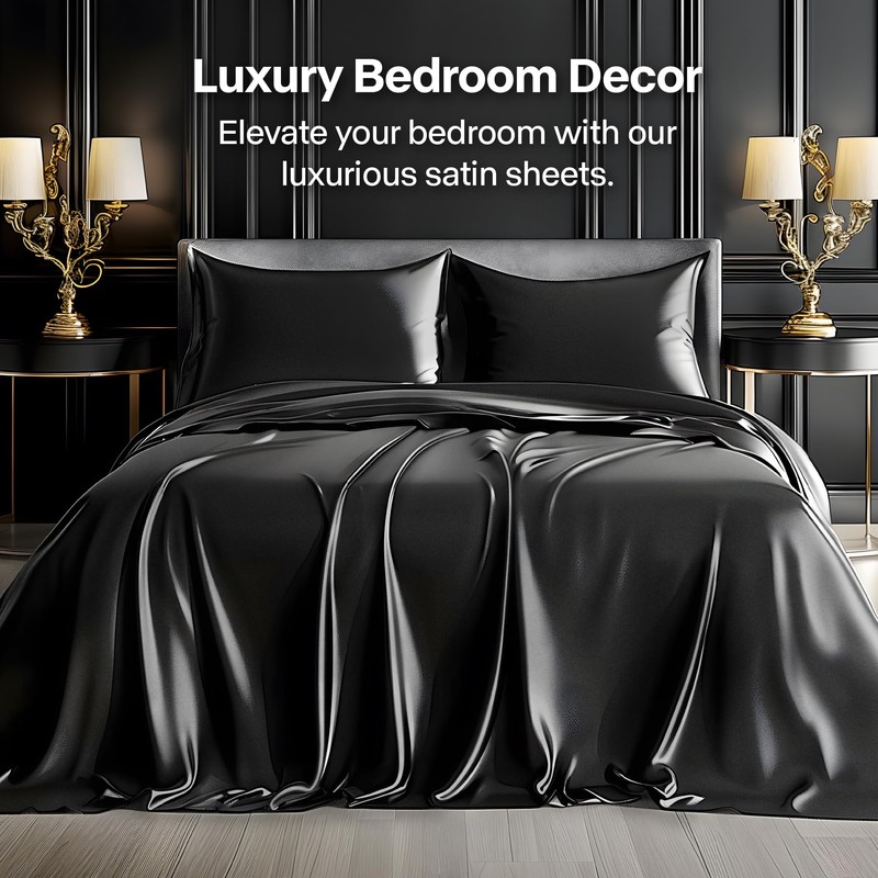 BEDELITE Satin Sheets California King Size Bed Set, Black, 4