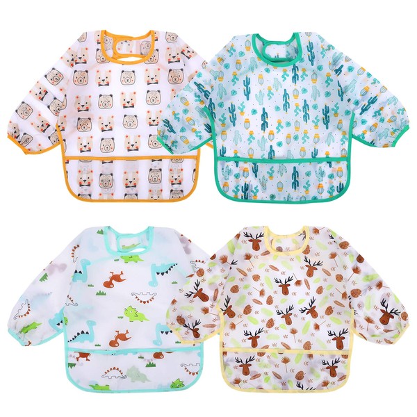 Accmor 4 Pack Long Sleeve Baby Bibs, Waterproof Sleeved Bib,