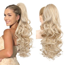 REECHO Ponytail Extension, 26 Inch Drawstring Ponytail Extension Long Curly Wavy Pony Tails Hair Extensions Synthetic Clip in Ponytail Hairpiece for Women, Medium Blonde with Pale Highlights