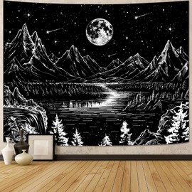 Lunerfex Moon Mountain Tapestry Black and White Wall Tapestry Celestial Landscape Tapestry Wall Hanging for Bedroom and Living Room Decor Mountain Moon 60×80 Inches