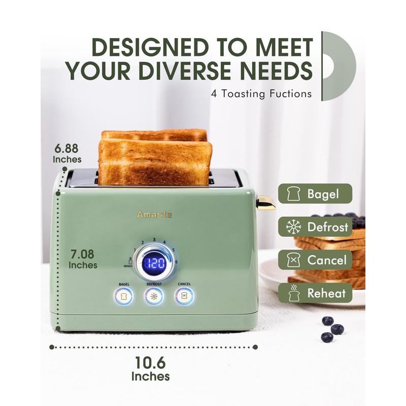 2 Slice Toaster, Retro Bread Toaster with LED Display, Extra