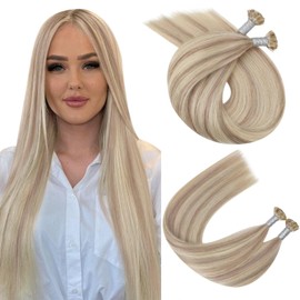 Ugeat Bonding Extensions, Blonde Highlights, Real Hair, Ash Blonde, Highlights, Very Long, Flat Tip Extensions, 55 cm, 50 g, Pack of 50, #18/613