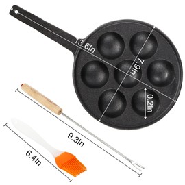 WUWEOT Cast Iron Aebleskiver Pan, 2" Ebelskiver Pan Banh Khot Griddle, 7 Hole NonStick Appam Maker Pan, Half Sphere Appe Maker with Turn Sticks and Brush for Baking Cooking