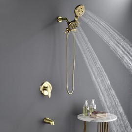 Shower Faucet Set with Tub Spout Tub and Shower Faucet Set Complete Dual Shower Head and Handheld Combo 2 in 1 Shower System with Tub Spout Tub and Shower Trim Kit Brushed Gold L829-3
