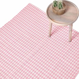 Homescapes Checked Rug Pink Flat Weave Rug 60 x 90 cm Cotton Country House Check, Handwoven Rug