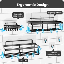 Shower Caddy 3 Pack, Adhesive Shower Organizer with 20 Hooks, 3 Adhesive Hooks, Large Capacity,Stainless Steel Black Shower Shelves,No Drilling,Easy Installation Shower Shelf for Inside