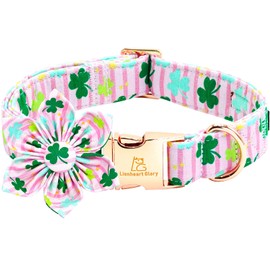 Lionheart Glory St. Patrick's Day Dog Collar with Flower-Lucky Clover Shamrock Dog Bow for Medium Dogs - Pink Spring Trefoil Dog Collar - Adjustable Heavy-Duty Pet Gift