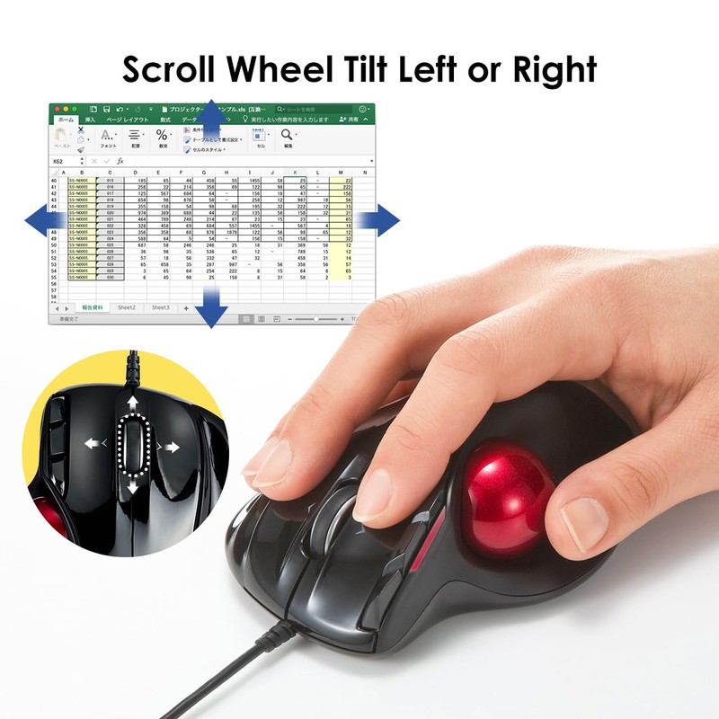 SANWA Wired Ergonomic Trackball Mouse, Programmable Roller Ball Mice, Tilt