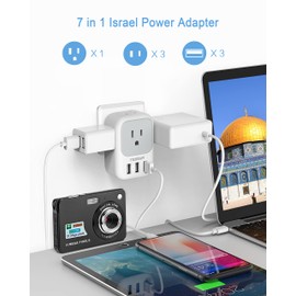 TESSAN Israel Power Adapter, US to Israel Travel Adaptor with 4 Outlets 3 USB Charging Ports, Type H Plug for Israel & Palestine