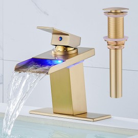 AVSIILE LED Bathroom Sink Faucet, Brushed Gold Waterfall Single Hole Handle Vanity Faucets for Sinks 1 Hole with Metal Pop Up Drain and 2 Water Supply Lines, Stainless Steel Spout