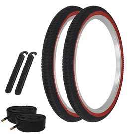 Pair of PRO+ Bicycle TIRE 20" X 1.75 Black/RED SEMI-Slick Tread Tires W/Tubes & TIRE LEVERS BMX Style
