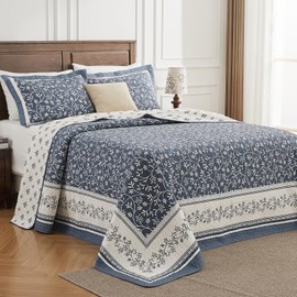 QuiltEase Oversized King Bedspread - 120" Lx120 W Extra Wide - 100% Cotton Lightweight Vine Botanical California Quilt Sets - Reversible Super Bed Coverlet Set - Grayish-Blue