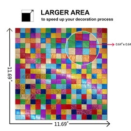 XUANINY 11-Sheet Peel and Stick Backsplash Tiles, Rainbow Square Aluminum Surface Metal Mosaic Sticker, Rainbow-Colored Wall Sticker for Living Room, RV，Bar(11, 15 Rainbow Colored)