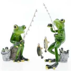 Queemie® Funny Fishing Frogs Statues, 2pcs Mascot Animals Ornaments Anglers Lovers Collectible Figurines Sculptures for Outdoor Lawn Yard Garden Home Office Desk Decoration