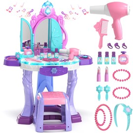 Lehoo Castle Kids Vanity Table and Chair Set, Girls Makeup Table with Mirror Stool Lights Music, Toddler Pretend Play Vanity Set for Princess Dress Up, Girl Toys Gifts for Age 3 4 5 Years Old
