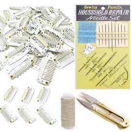 Wig Clips with Soft Rubber Hair Extensions Clips 32mm U-Shape Snap Comb Clips Hair Wig Clip Needles Thread Scissors Set for wig hair extensions (Beige, 32MM)