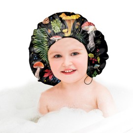 Zewurtuw Kid Small Shower Cap Adjustable Reusable Double Waterproof Layer Elastic Hair Bath Cap Cute Aesthetic-Mushrooms