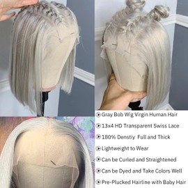 Ubetta Grey Bob Wig Human Hair Lace Front Wigs 13x4 Glueless Lace Front Bob Wig Human Hair Pre Plucked 8 Inch Colored Silver Grey Lace Frontal Wigs for Black Women 180% Density