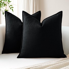 Sungeek Set of 2 Soft Linen Decorative Cushion Covers 40cm x 40cm Solid Farmhouse Throw Pillow Covers Boho Accent Cushion Cases for Sofa Couch Chair Bedroom Home Decor Pillowcases, Black