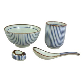 Japanese Striped Dish Set - Oriental 4 Piece Striped Dish Set with Cup, Bowl, Spoon, and Chopstick Rest
