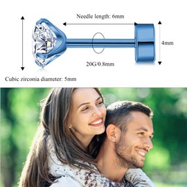 ZDE Titanium Women's Flat Earrings for Women Zirconia Stud Earrings Flat Back Earrings Hypoallergenic Cartilage Flatback Earring Tragus Helix Tragus Conch Piercing (Blue, 4 mm)