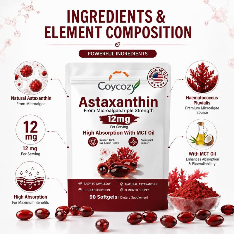 coycozy Astaxanthin 12mg Natural 90 Softgels Astaxanthin Supplement Antioxidant Support
