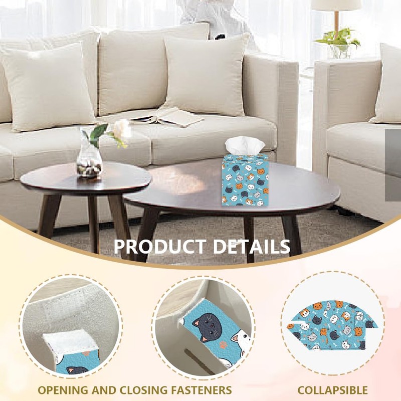 DELORIGIN Cat Face Tissue Box Holder, Square Tissue Box Cover